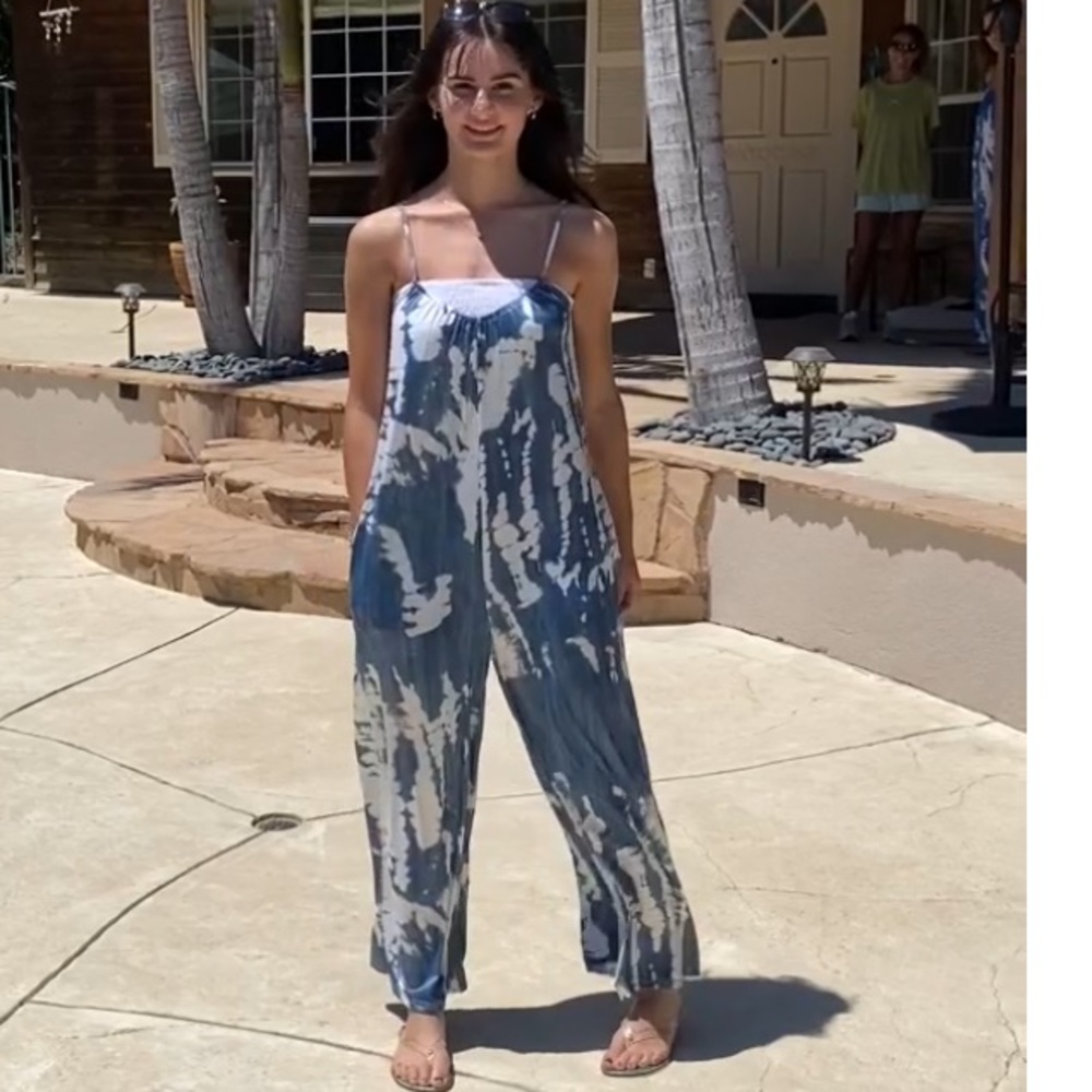 Pocketed Overalls Jumpsuit Romper Oversized Boho Jumpsuit in Faded Denim Tie Dye